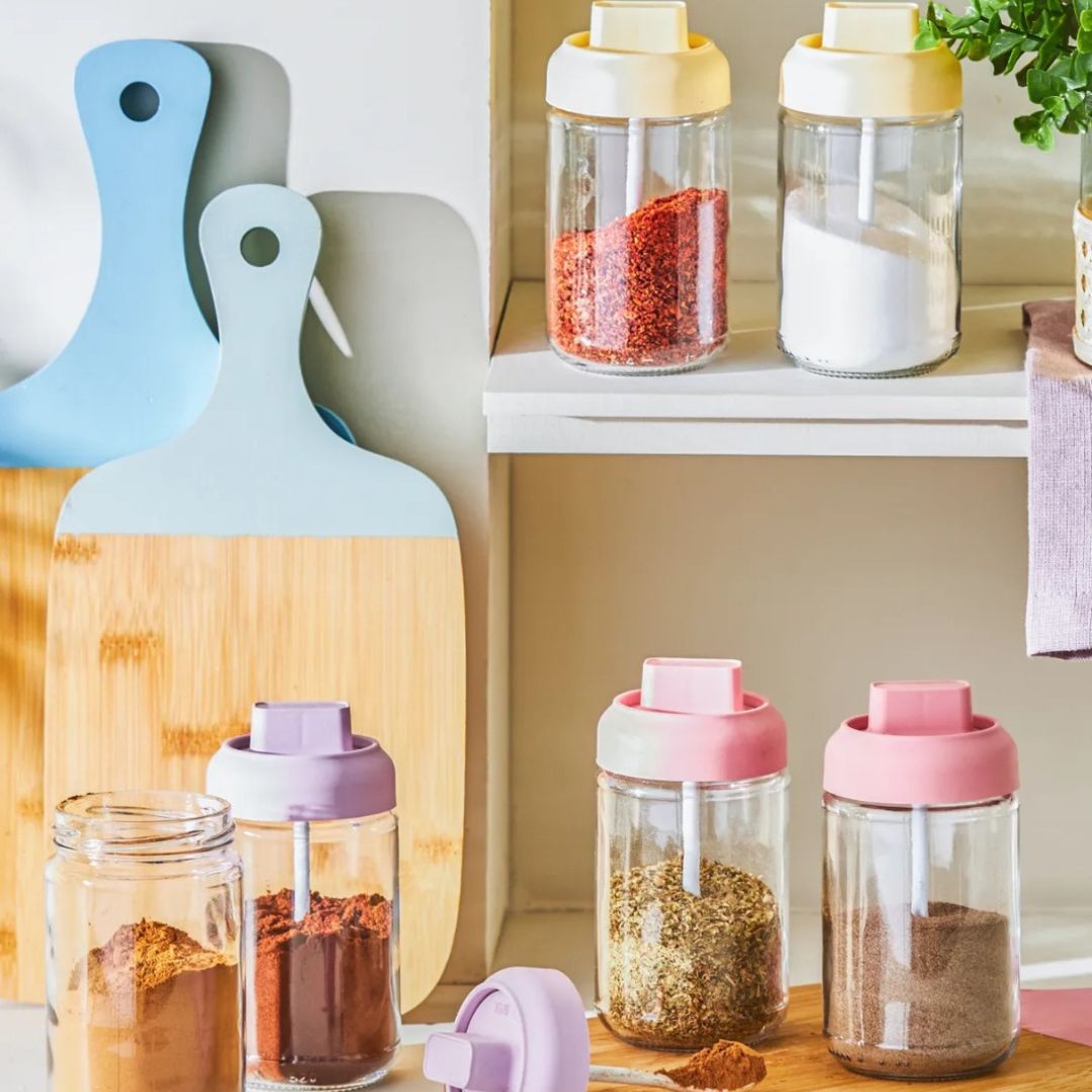 Glass spices containers set