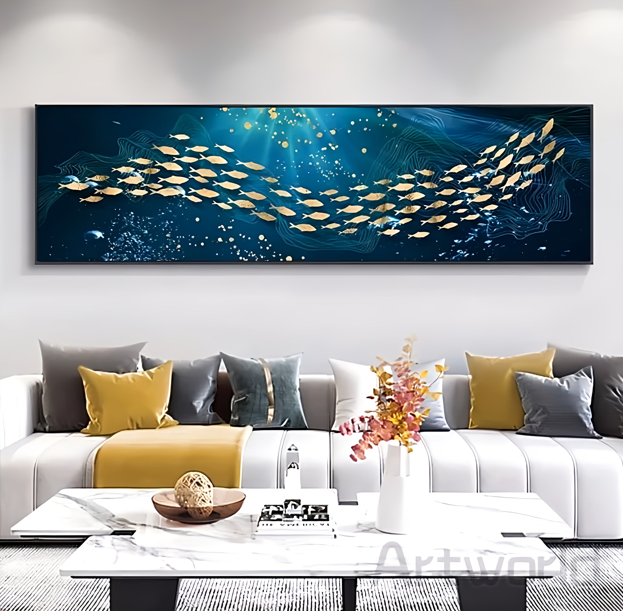 Blue Sea Golden Fish Canvas