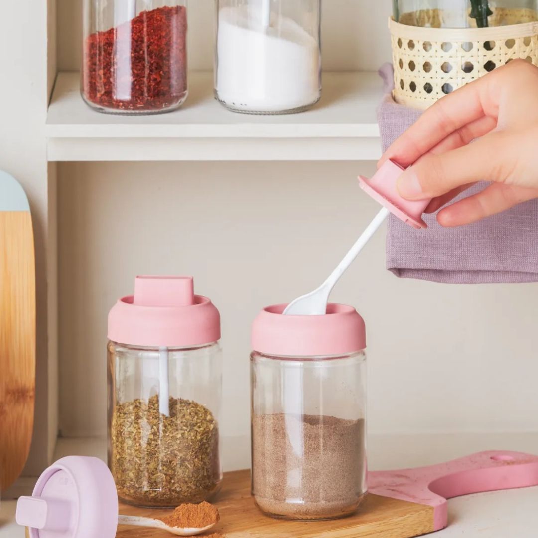 Glass spices containers set