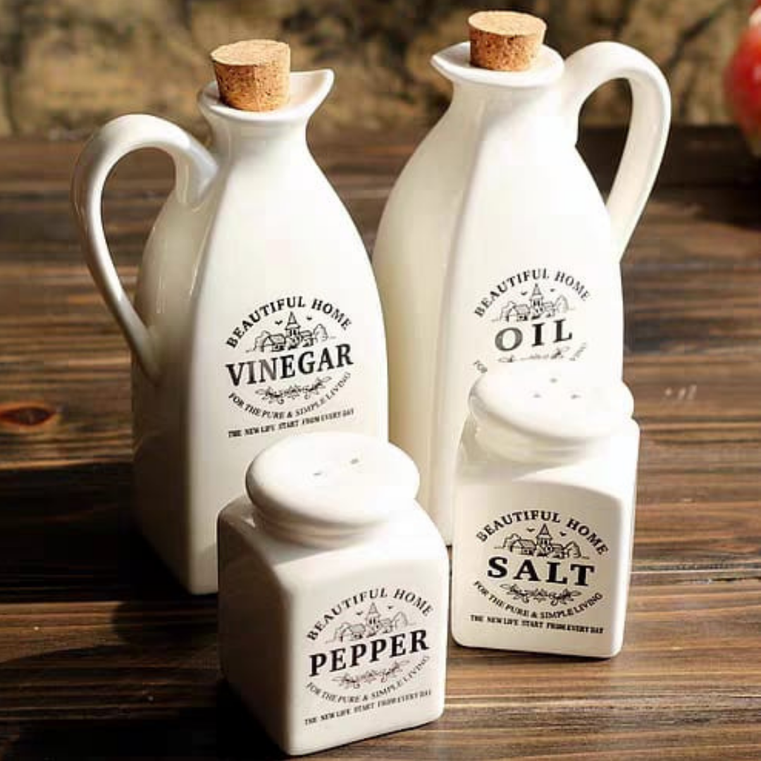 Viny oil, vinegar, salt and pepper set
