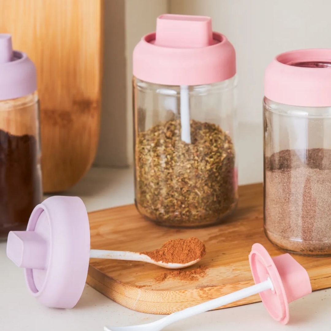 Glass spices containers set