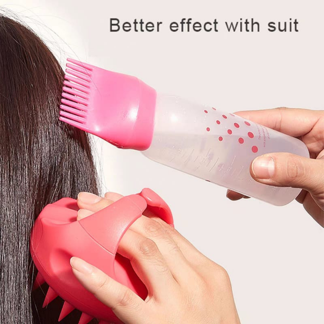 Hair oiling container plus scalp massager