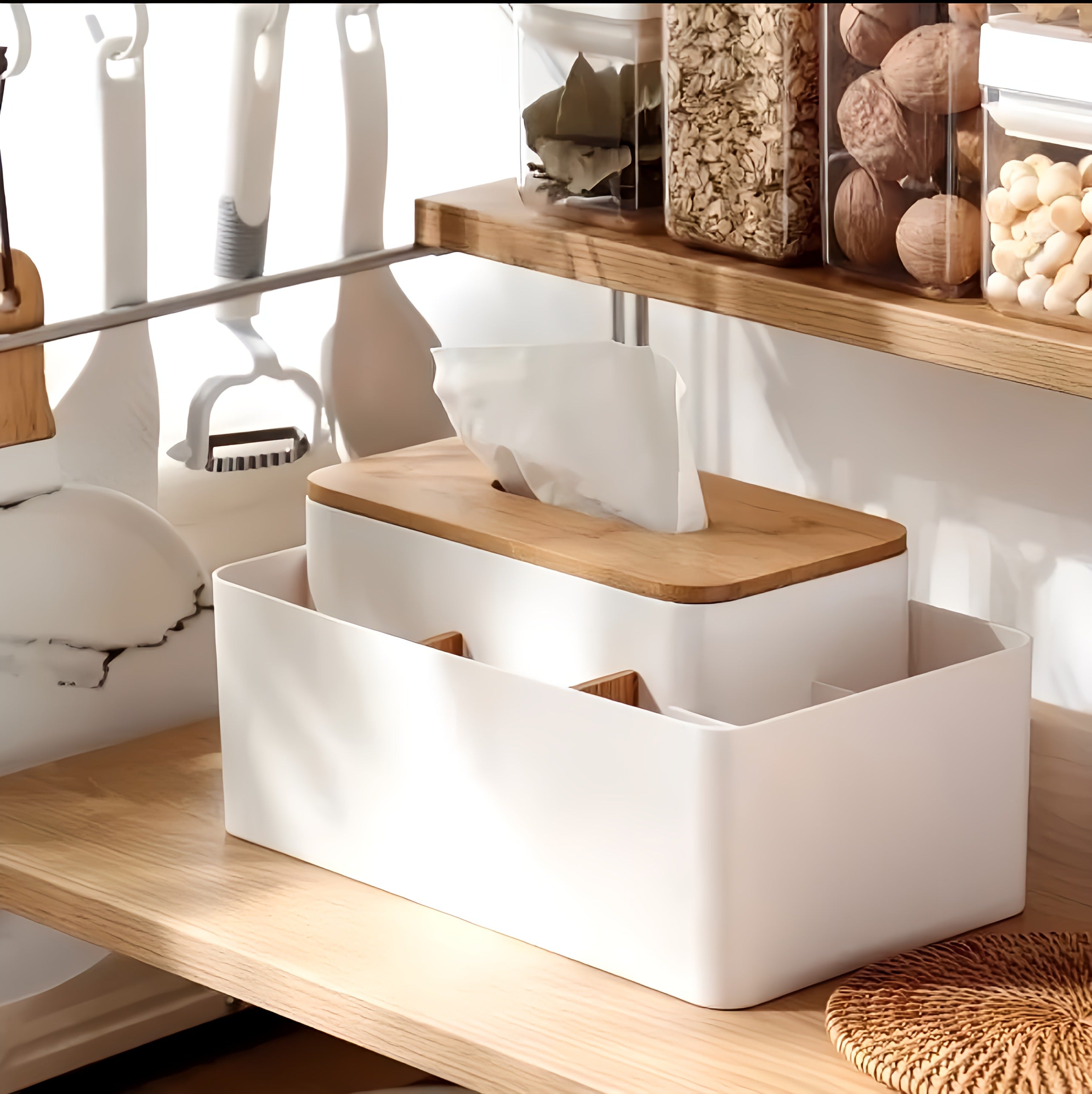 Multifunctional Tissue Box with Wooden Cover