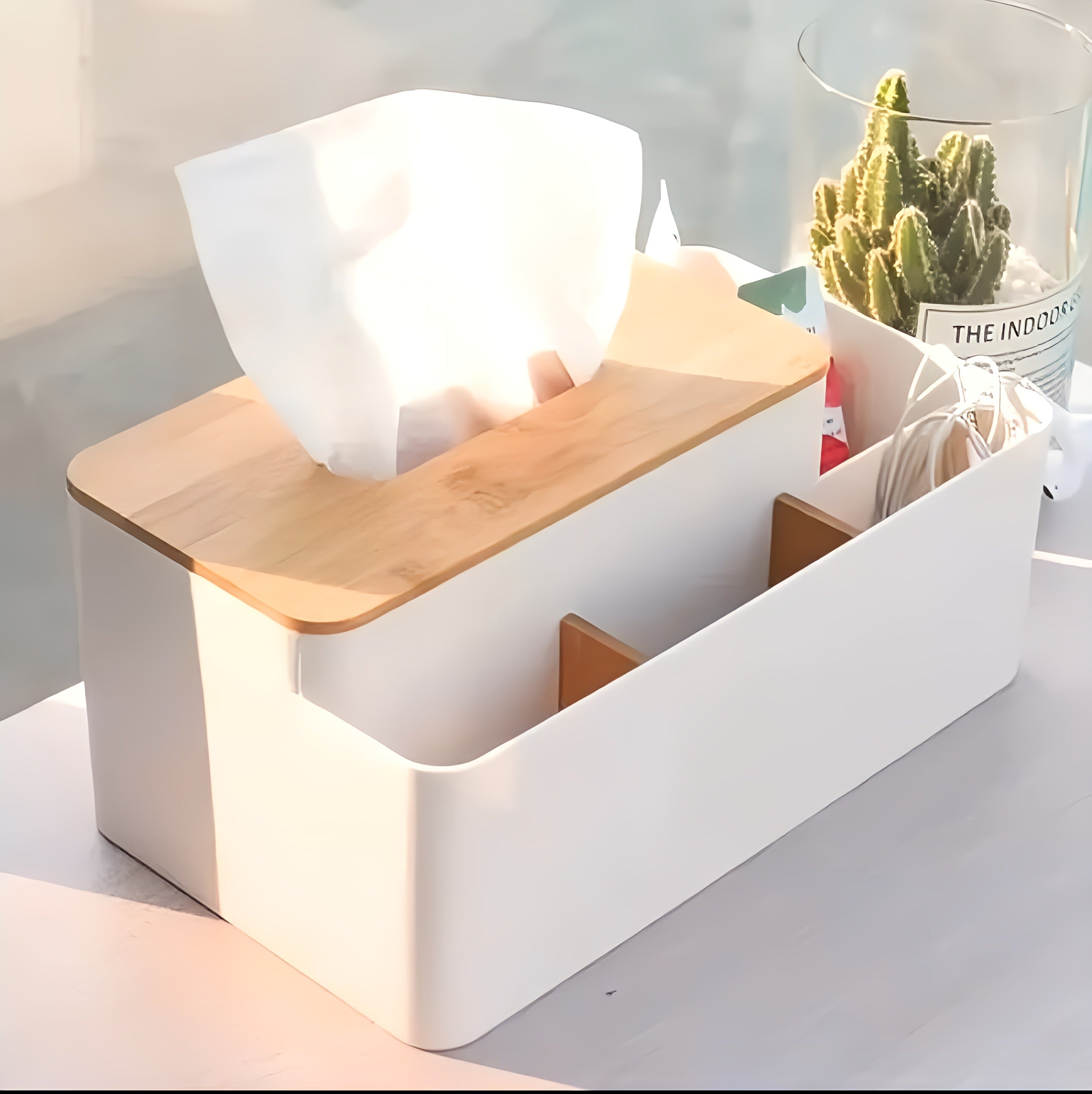Multifunctional Tissue Box with Wooden Cover
