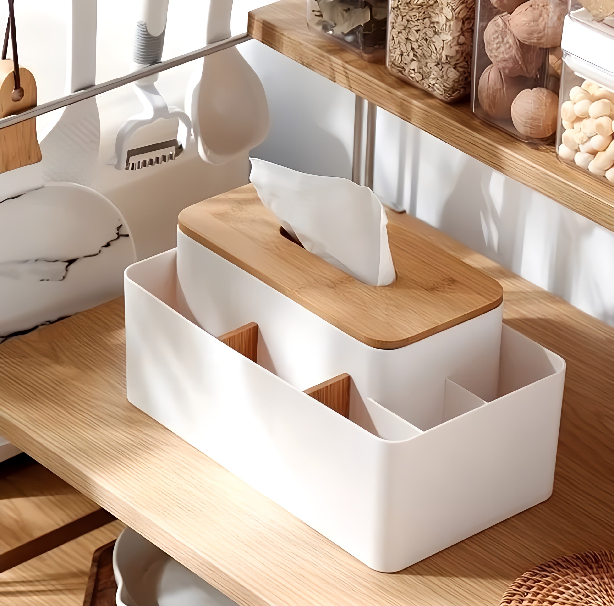 Multifunctional Tissue Box with Wooden Cover