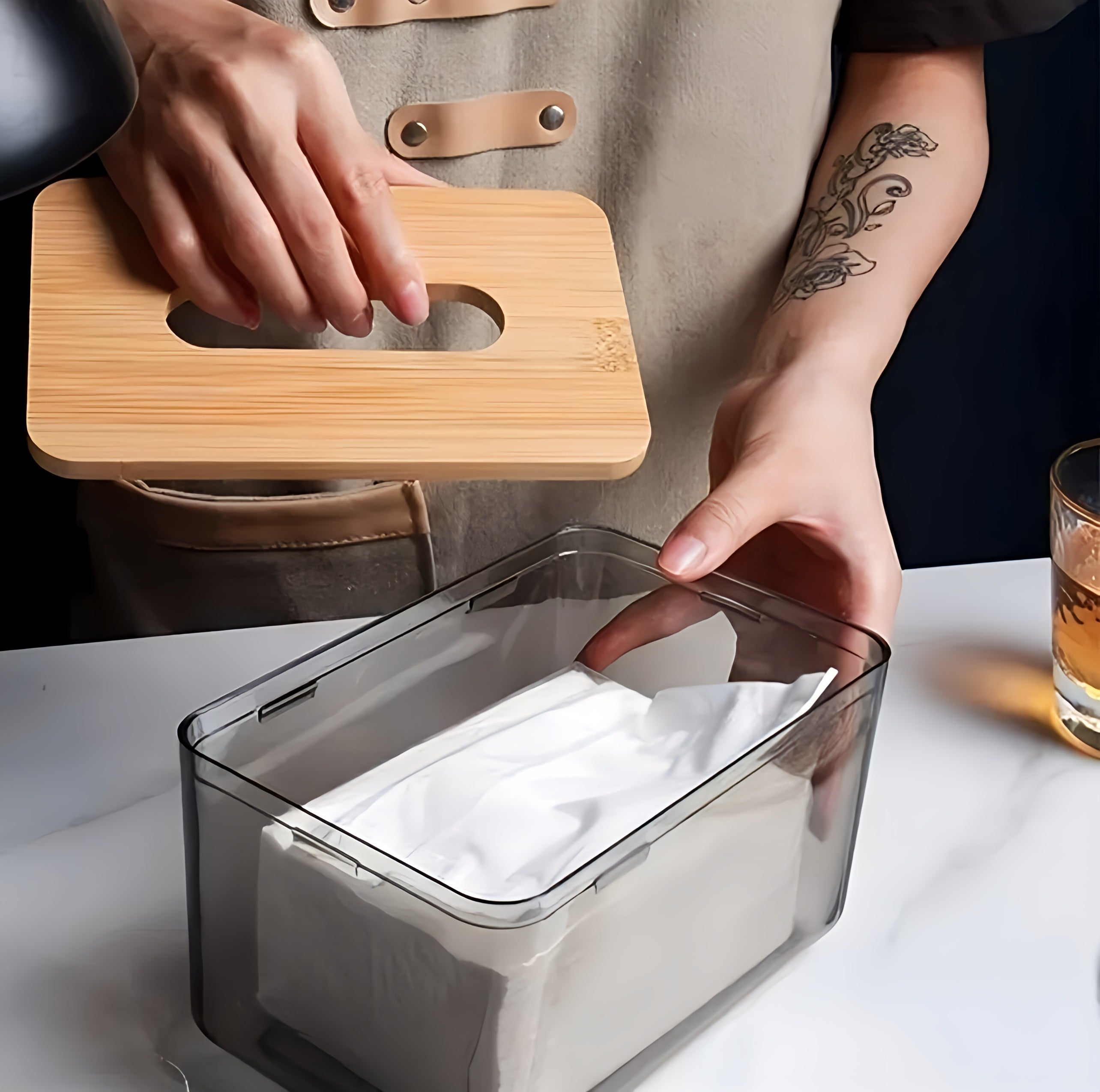 Transparent Tissue Box with wood cover