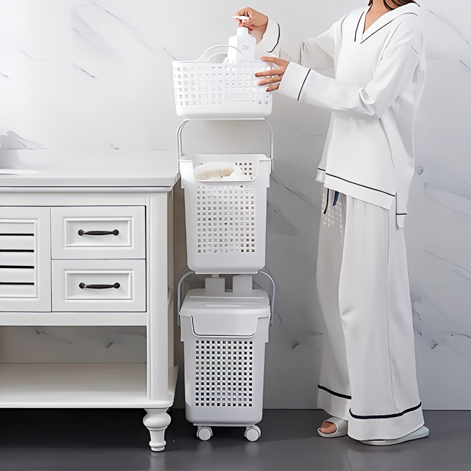 Movable three layers in 1 laundry basket