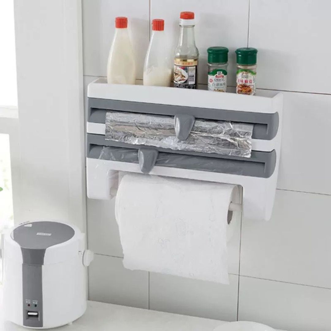 Cling film storage rack with cutter