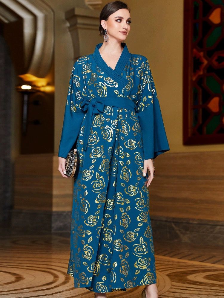 Blue & Gold Rose Abaya