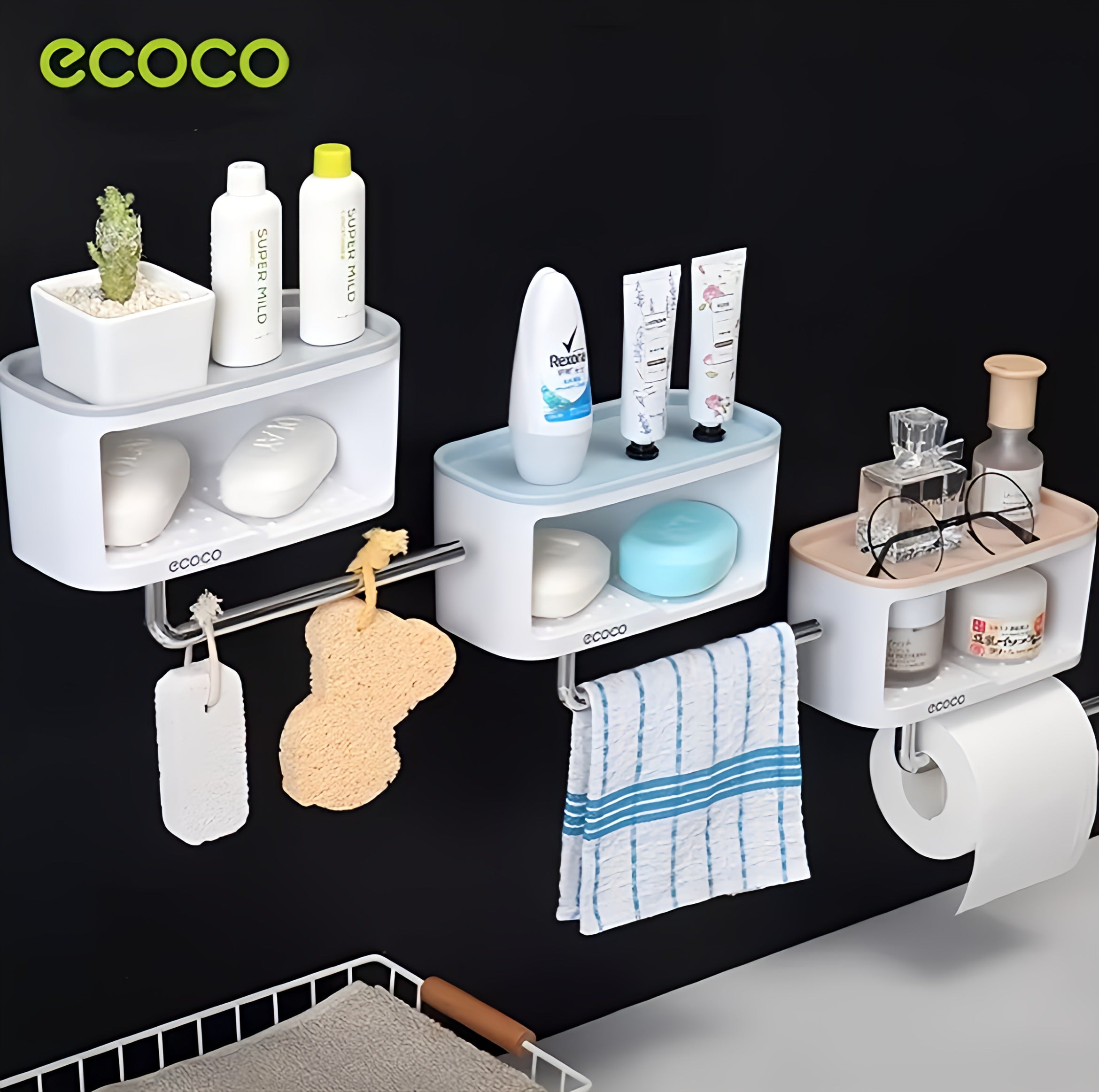 Ecoco Shelf Soap Sponge Holder with Towel Hanger