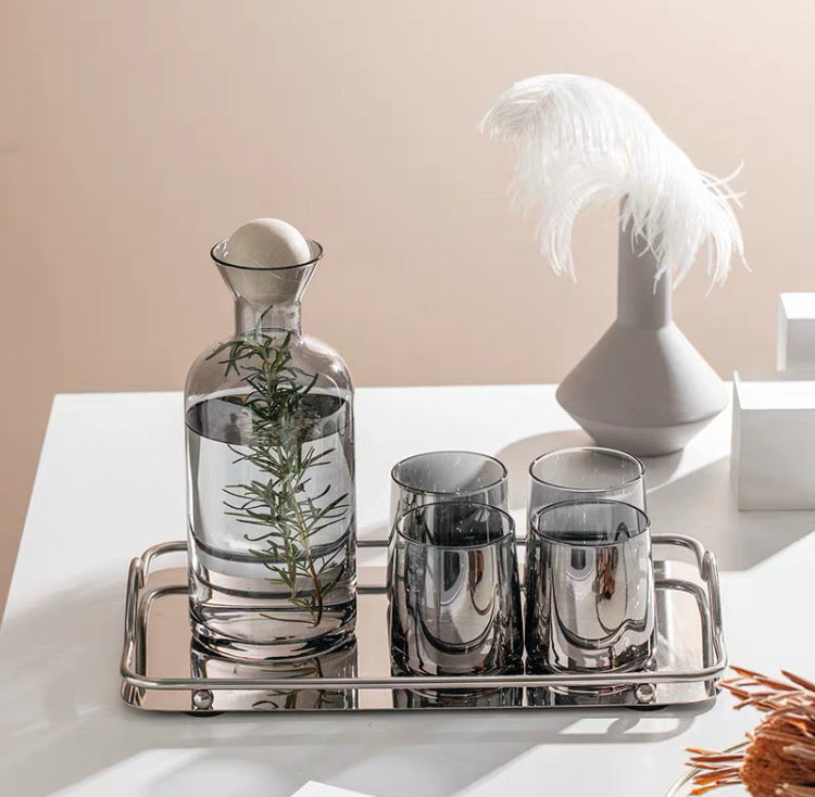 Crystal Glass Bottle With Four Cups & Tray