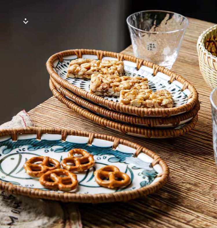 Rattan Woven Ceramic Snack Plate