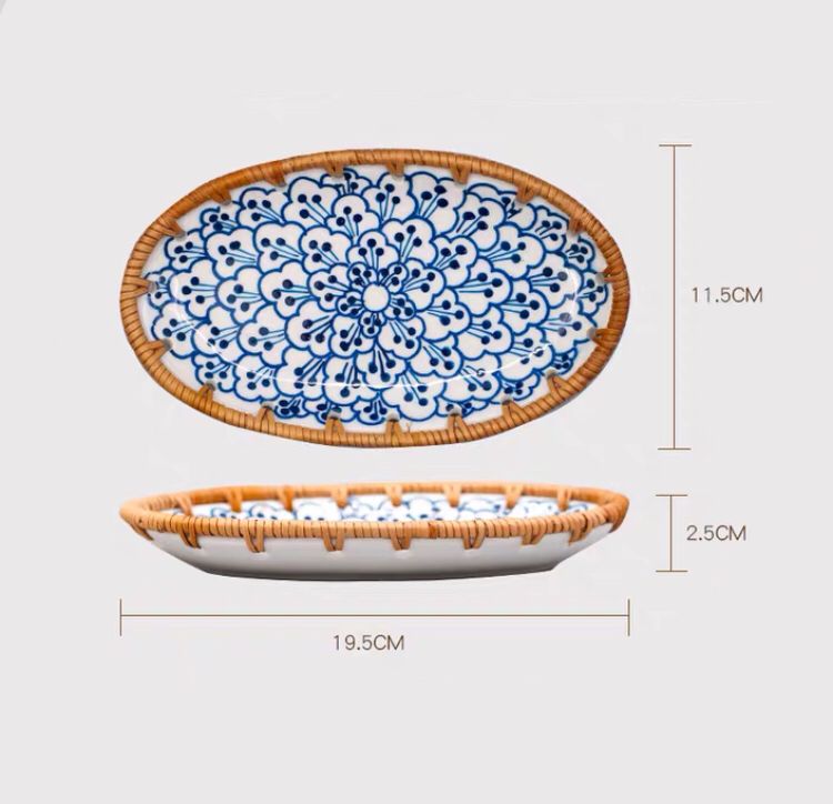 Rattan Woven Ceramic Snack Plate