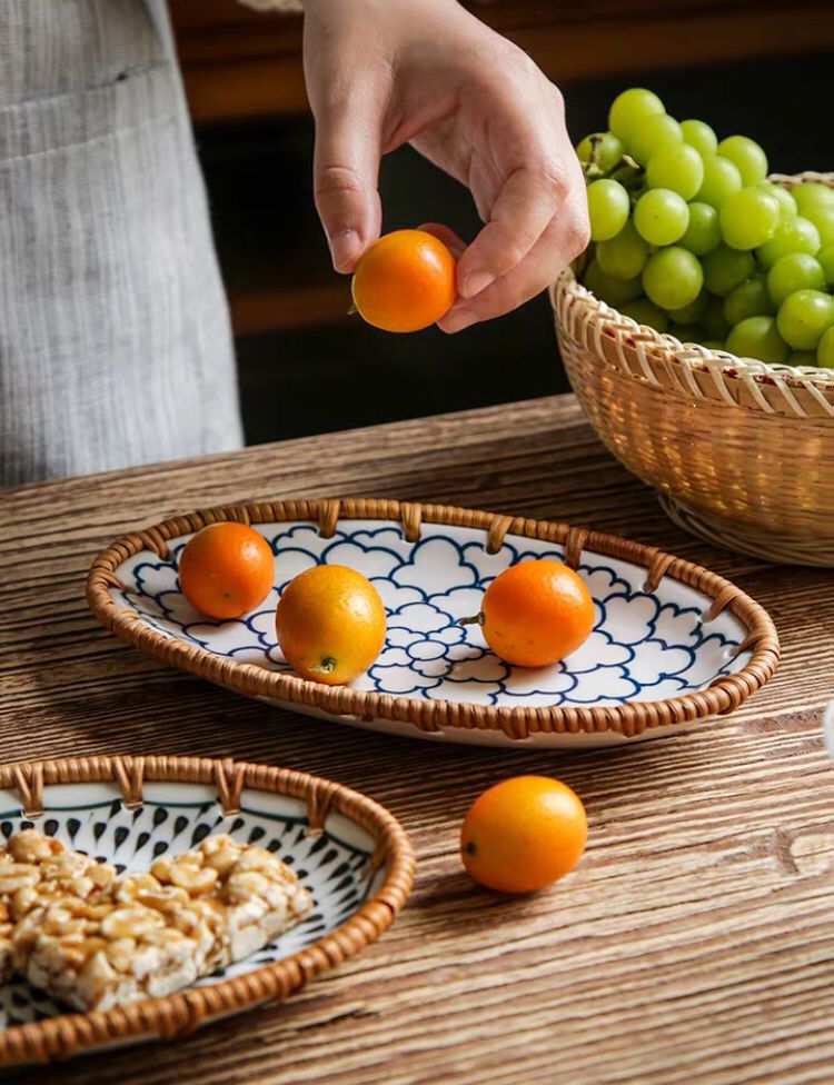 Rattan Woven Ceramic Snack Plate