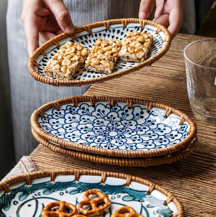 Rattan Woven Ceramic Snack Plate