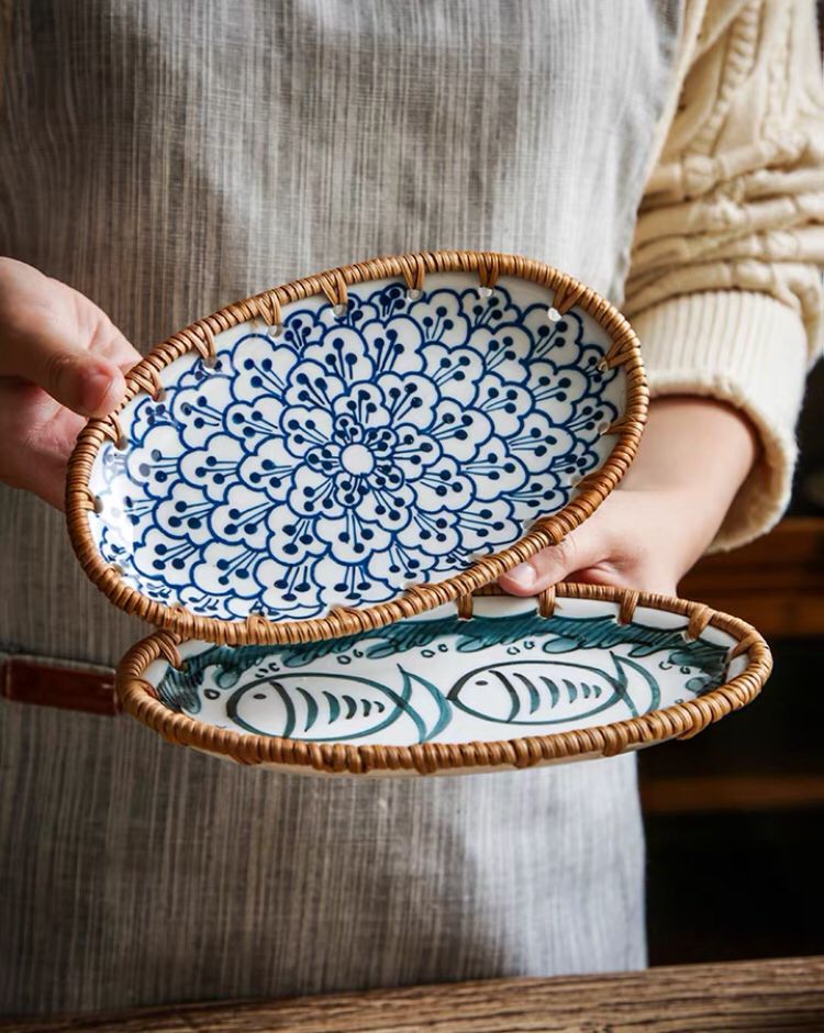 Rattan Woven Ceramic Snack Plate