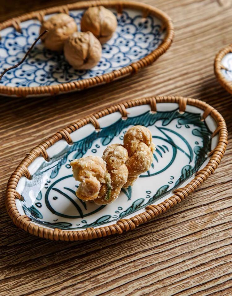 Rattan Woven Ceramic Snack Plate