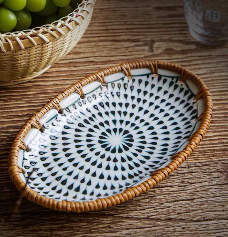 Rattan Woven Ceramic Snack Plate