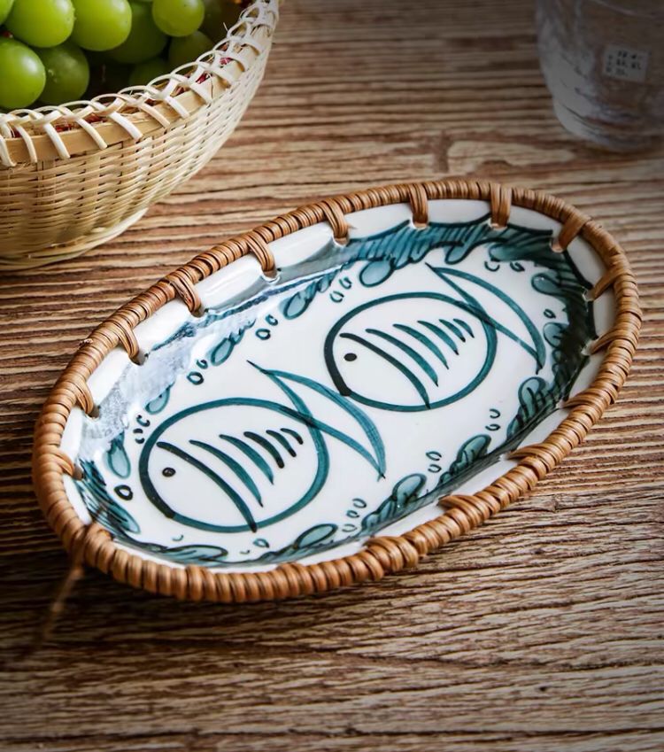 Rattan Woven Ceramic Snack Plate