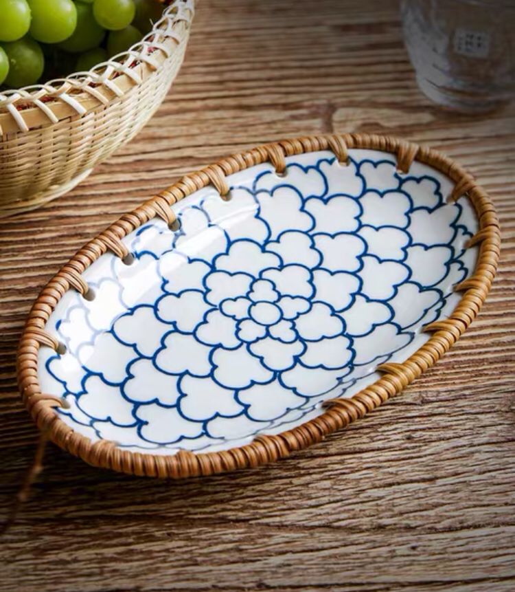 Rattan Woven Ceramic Snack Plate