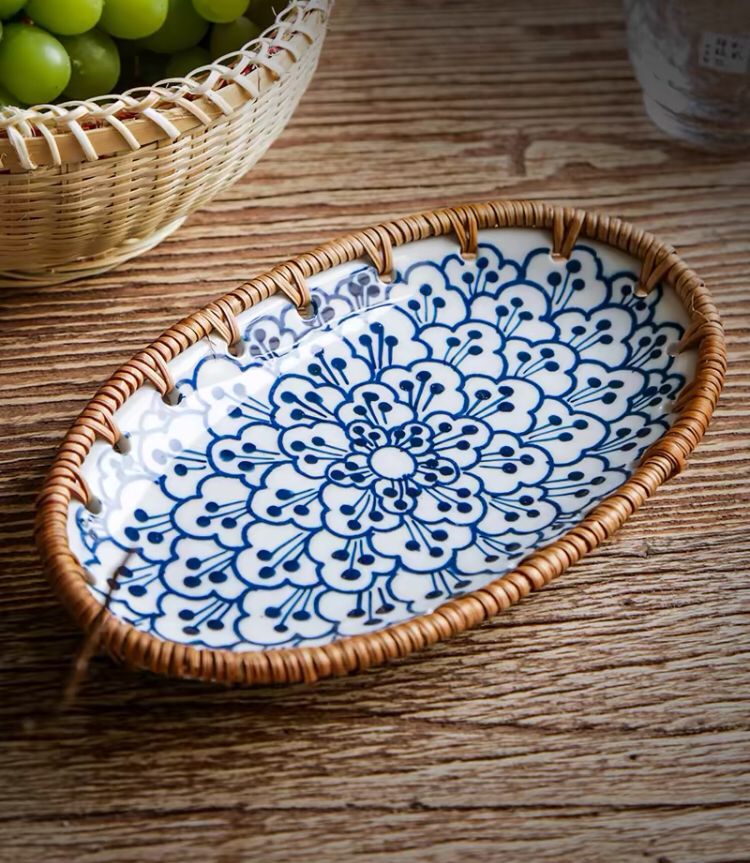 Rattan Woven Ceramic Snack Plate